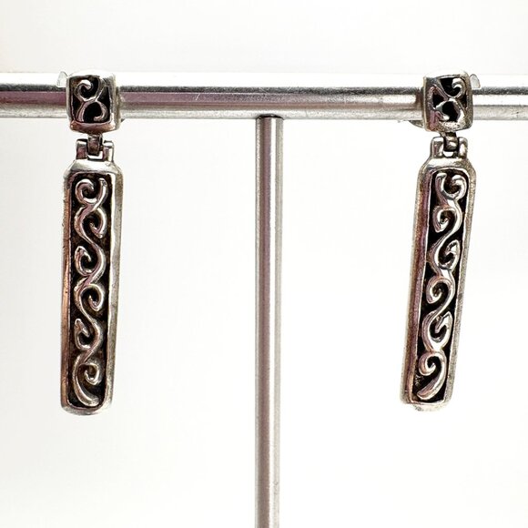 VTG Solid Sterling Silver 925 Scroll Design Dangle Earrings Size 1.5" Length - Picture 4 of 12